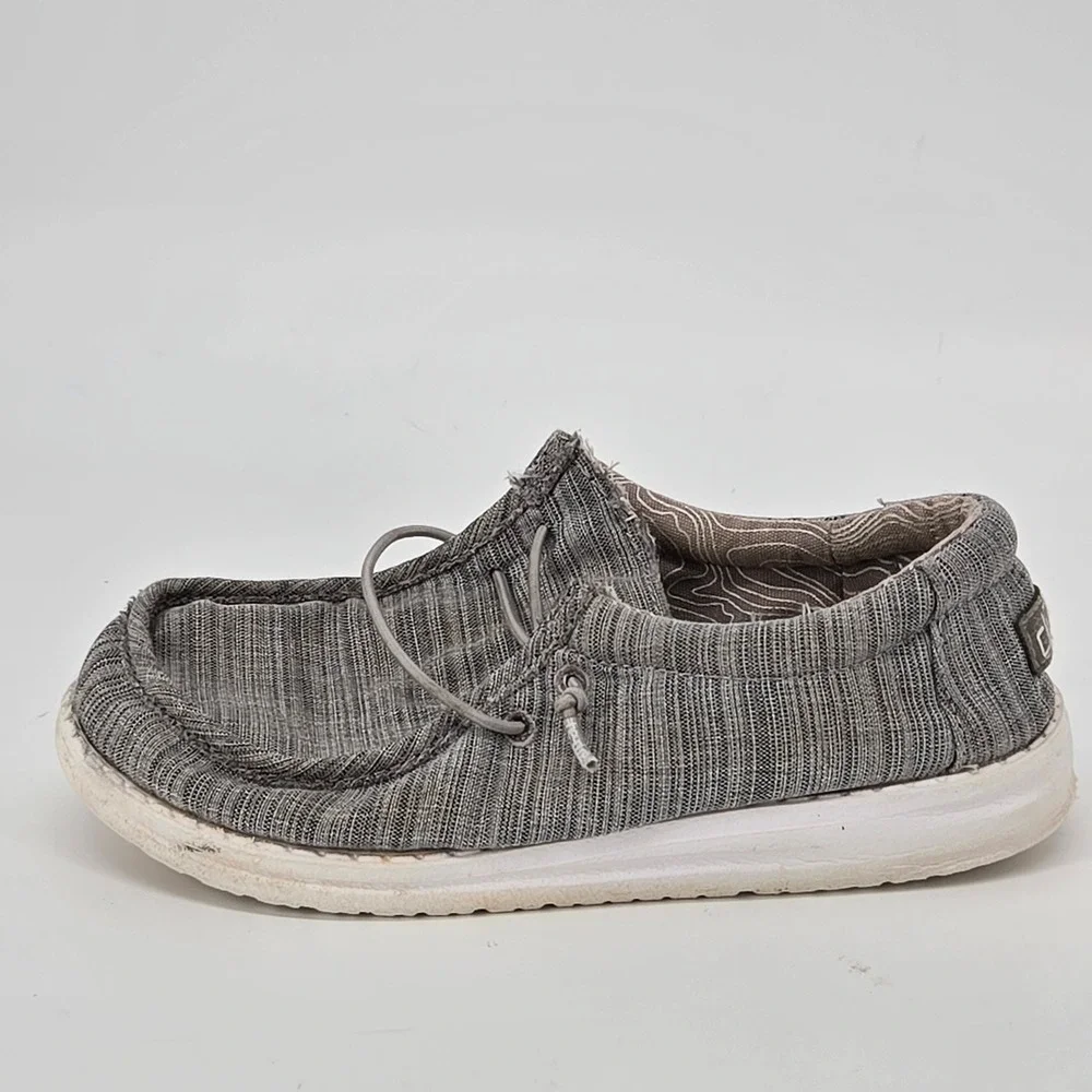 HeyDude Wally Youth Linen Stone Gray Loafers Canvas Slip On Shoes Size US 2Y GUC